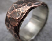 Wide Hammered Copper Ring Sterling Silver Lined Rustic Wedding Ring Anniversary Band Unique Mens Gift Mixed Metal Ring | Acorus 9-10mm Wide