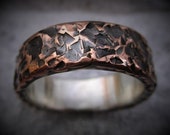 Hammered Heavily Textured Copper Ring Sterling Silver Lined Black Oxidized Wedding Band Anniversary Mens Gift Unique Ring | Aspen 7-8mm Wide
