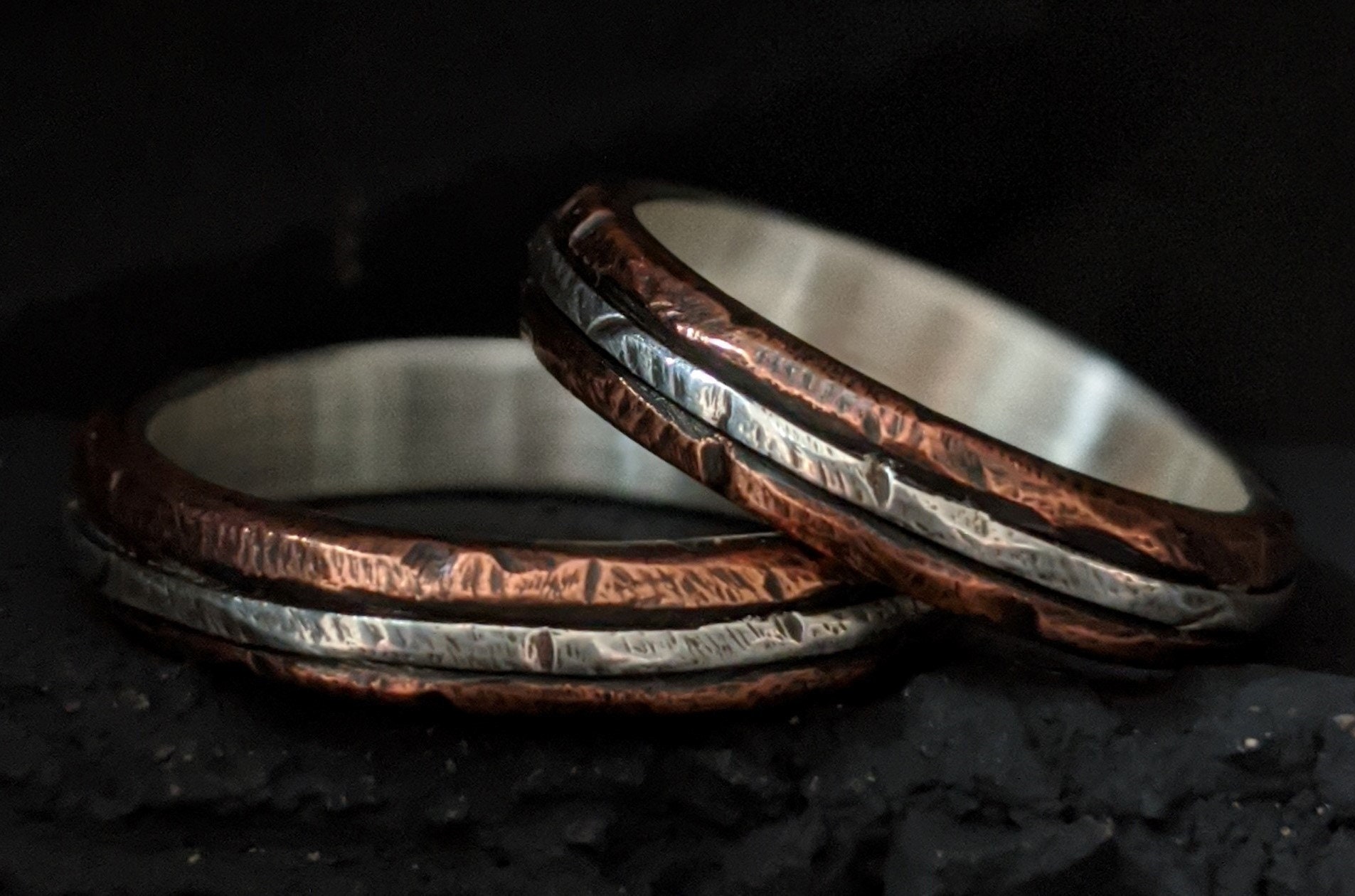 Rustic Copper Wedding Ring Set with Silver Inlay and Lining Etsy