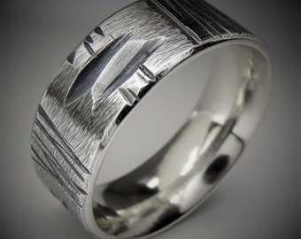 Men's Sterling Silver Wedding Ring, Wide Band, Handcrafted, "Oxalis"