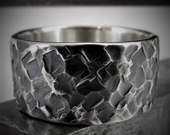 Men's Wide Sterling Silver Ring, "Torillis" Heavy Textured Oxidized Band, Brutalist Wedding Jewellery
