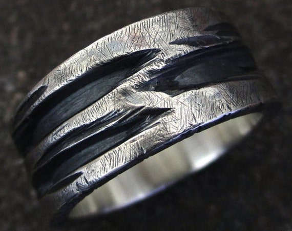 Mens Rustic Wedding Ring Wide Unique Texture Sterling Silver Etsy