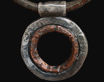 Men's Necklace, Leather Sterling Silver and Copper, Circle Pendant, "Laurus"