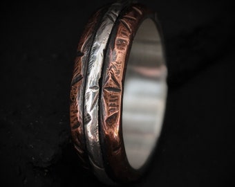 Men's Wedding Ring, Wide Copper,  Lined with Silver Mixed Metal Band Inlay Ring "Alder"