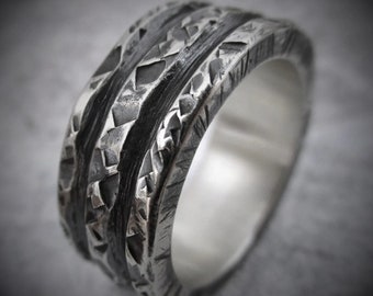 Typha 9-10mm Wide | Mens Wide Silver Ring Heavy Textured Band Wedding Anniversary Gift