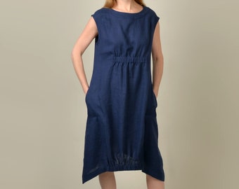 Linen dress with elastic. Women's dress. Dress with side pockets. Midi dress. Soft washed linen. Handmade by elen'do
