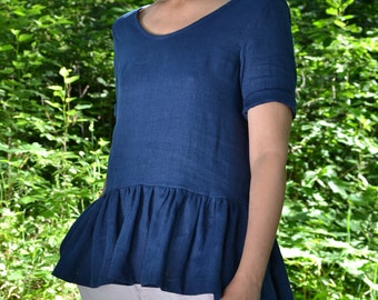 Linen blouse. Blue linen bluse/top. Handmade by elen'do