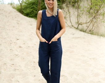 Linen jumpsuit sleeveless. Blue jumpsuit. Summer linen overall. Handmade by elen'do