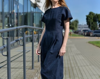 Linen jumpsuit. Navy linen jumpsuit. Linen jumpsuit/romper. Handmade by elen'do