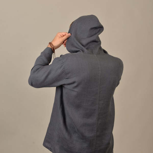 Men loose shirt, lounge wear, linen clothing men, beachwear. Men's linen hooded. Handmade by elen'do