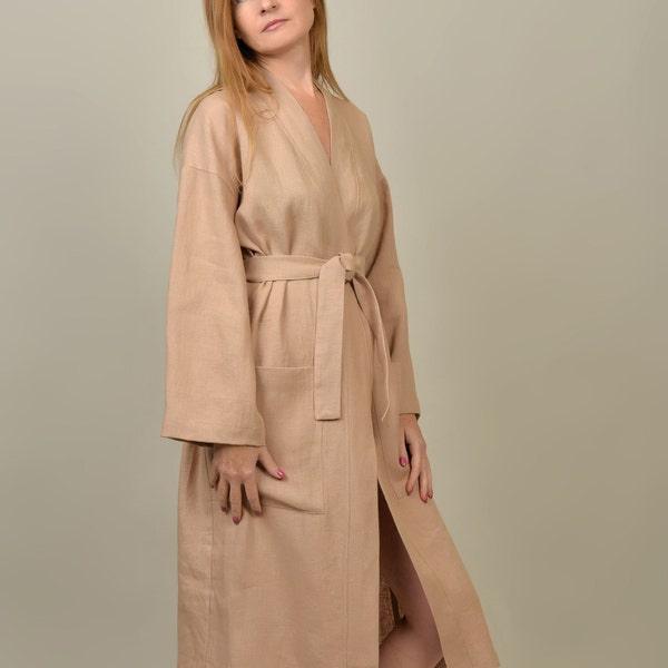 READY TO SHIP Women's linen bathrobe S/M. Robe with wide sleeves. Linen coat. Handmade by elen'do