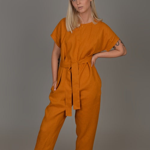 Mustard Linen Jumpsuit With Belt Sleeveless Linen Overall Etsy