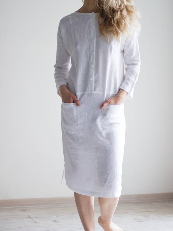 white linen midi dress with buttons