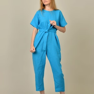 Linen jumpsuit. Blue linen romper. Linen overalls. Handmade by elen'do image 2