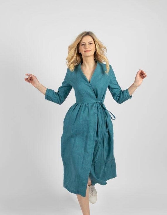 Linnen wikkeljurk. Linnen jurk. Zomer linnen jurk. Jurk met 3 4 mouwen. Handgemaakt door elen do Etsy Belgie