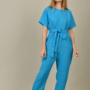 Linen jumpsuit. Blue linen romper. Linen overalls. Handmade by elen'do image 1