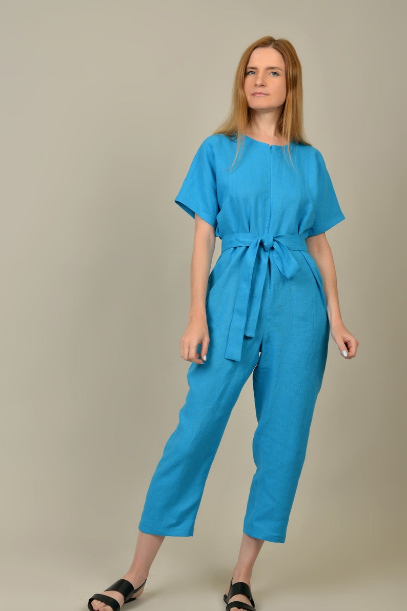 Linen jumpsuit. Blue linen romper. Linen overalls. Handmade by elen'do image 1