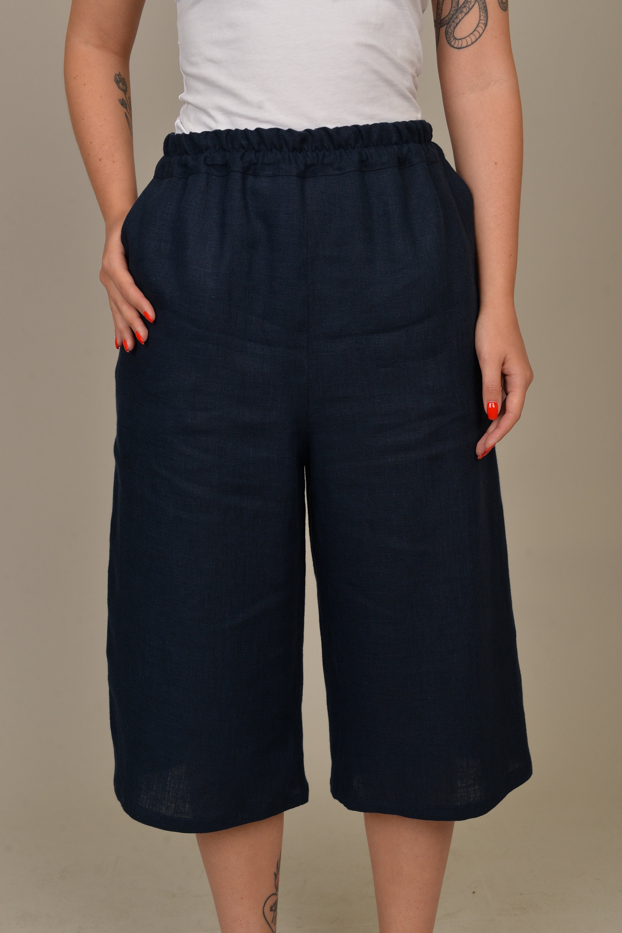 Marine linnen broek. Linnenbroek. Korte broek. Wijde been Etsy
