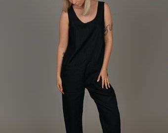 Sleeveless jumpsuit. Linen romper/overall. Black overall. Handmade by elen'do