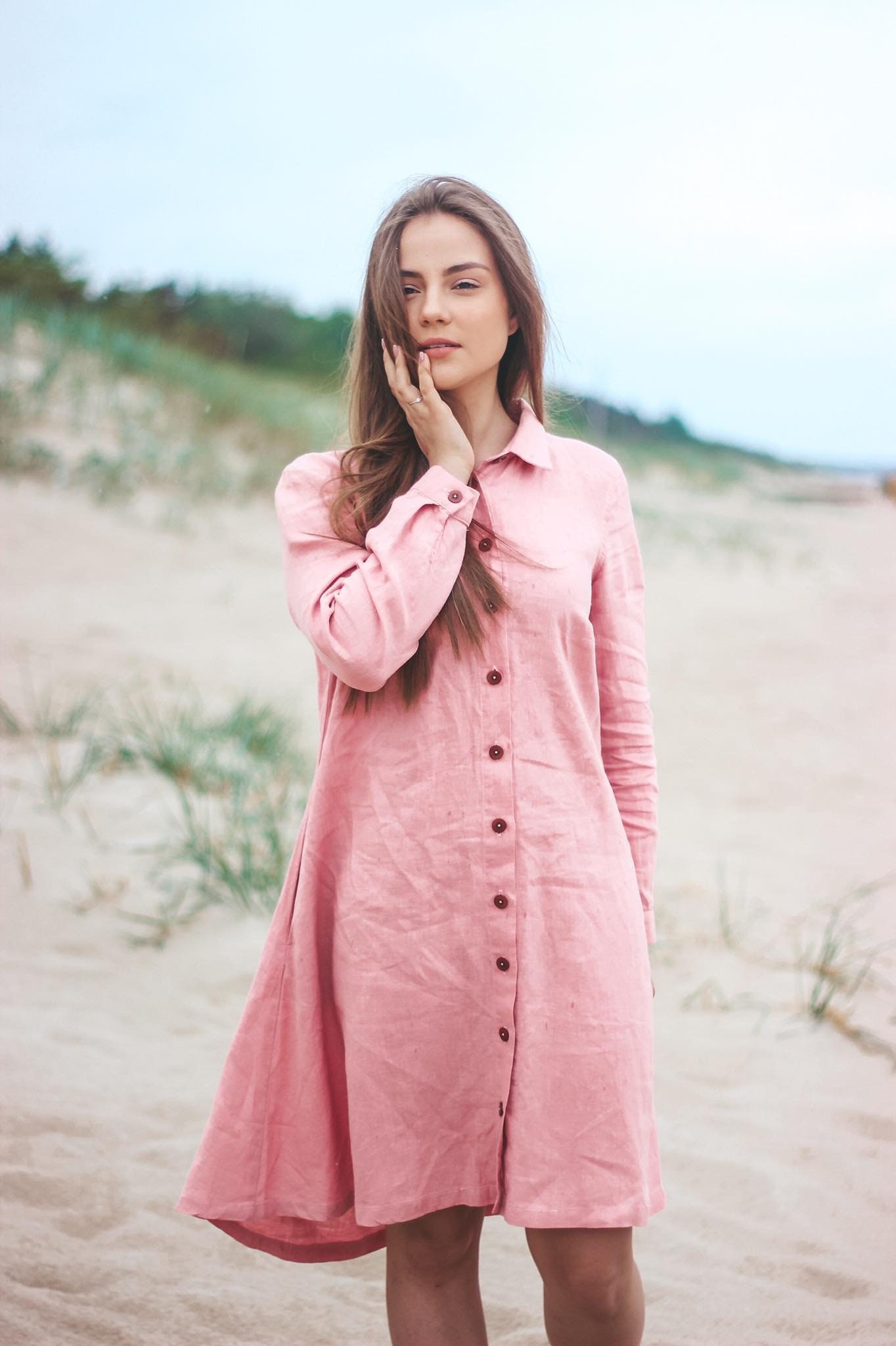 Shirt Dress. Linen Dress. Pink Linen Dress. Handmade by Elen do Etsy