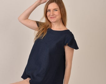 Ready to ship / Navy color/ S size / Linen loose blouse/Linen top