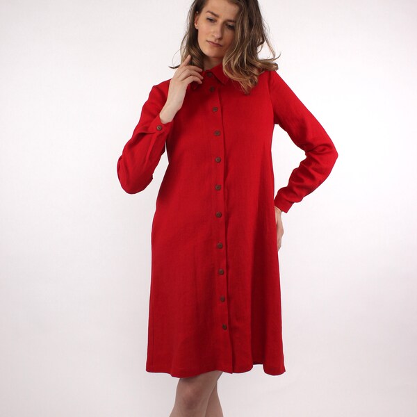 Deep Red All-Day Linen Women's Shirt Dress