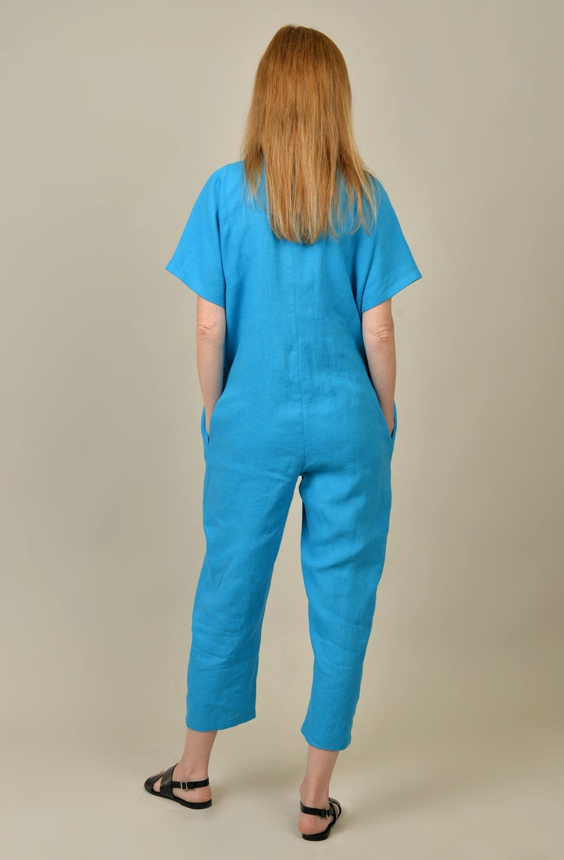Linen jumpsuit. Blue linen romper. Linen overalls. Handmade by elen'do image 4