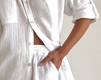 Muslin set shirt with short. Muslin in cotton set. Linen shirt and linen short. Set. White/Grey/Pink