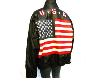 90s Vintage genuine leather pilot jacket USA flag on back, pre-owned USA patriotic mens jacket