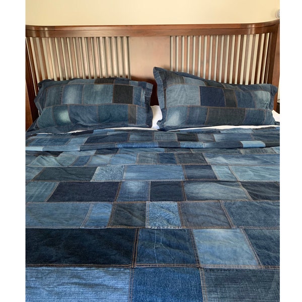 California King Set Denim Comforter Plus Two Pillow Shams, Reclamed Jean Summer Blanket, No lining denim throw, repurposed denim bed cover