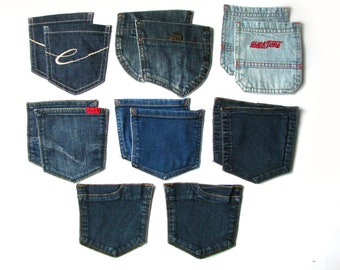 14 Recycled jeans silverware pockets set, adult blue jeans pockets with base, repurposed jeans back pockets, salvaged denim quilt supply