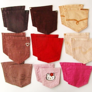 18 red mix reclamed jeans back pockets with base, repurposed jeans back pockets for crafts, jean patch, DIY jean supply