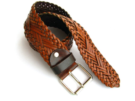 VINTAGE NORDSTROM WIDE BELT 100% LEATHER COGNAC WOVEN BELT ADJUSTABLE UNISEX Handmade Leather Wide Belts for Women for sale | eBay main image 4