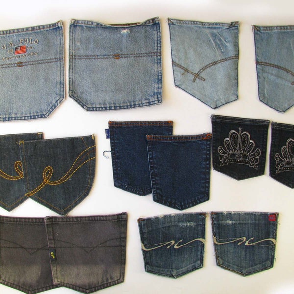 14 unseamed back jeans pockets, reclaimed pockets, detached back pockets, DIY denim quilt supply, Blue denim pockets, Vintage Denim Scrap