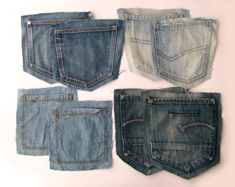 Recycled large jeans back pockets with base allowance set, adult blue jeans pockets with base, repurposed jeans back pockets, denim supply