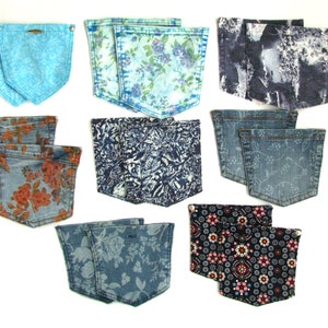 Repurposed Denim Pockets: Azure Blue Floral Print, DIY Craft Supply
