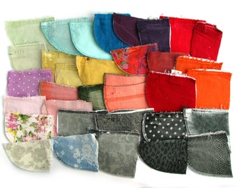 36 reclaimed jeans pockets parts mix, multicoloured jeans scraps mix, DIY denim quilt supply