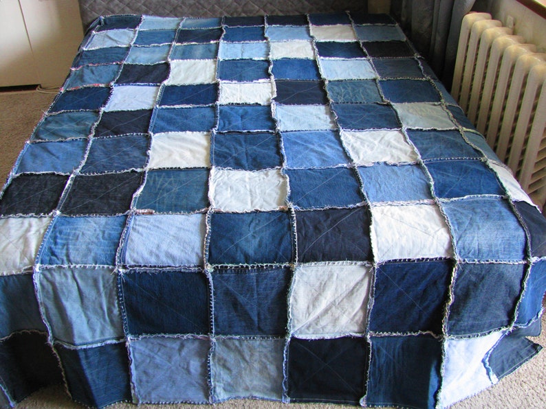 Twosided King Size Denim Rag Quilt, Reclamed Jean Blanket, Denim