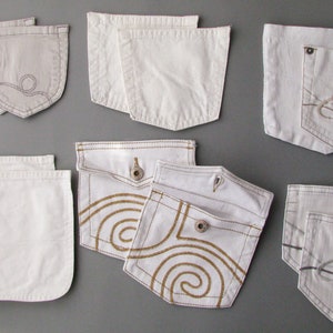 12 Recycled white beige jeans back pockets with base fabric, white jeans pockets with base, repurposed jeans back pockets, denim supply