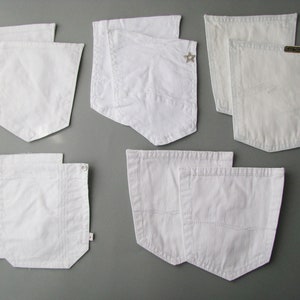 10 reclaimed white jeans back pockets on base fabric, DIY denim quilt supply, denim pockets mix, jeans scrap