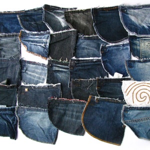 28 reclaimed front jeans pockets parts set, blue jeans scraps, DIY denim quilt supply, Blue denim blocks mix, jeans scrap