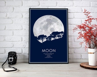 Moon poster, Full moon wall art, Moon print, Nature poster, Big moon, Full moon, Romantic moon, Moon wall art, Moon over trees