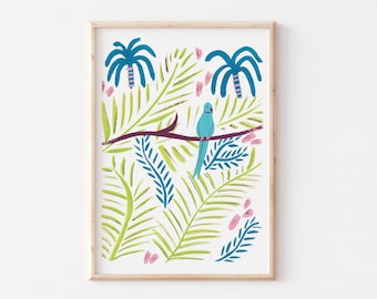 Parakeet Print, Tropical Bird, Gouache Painting
