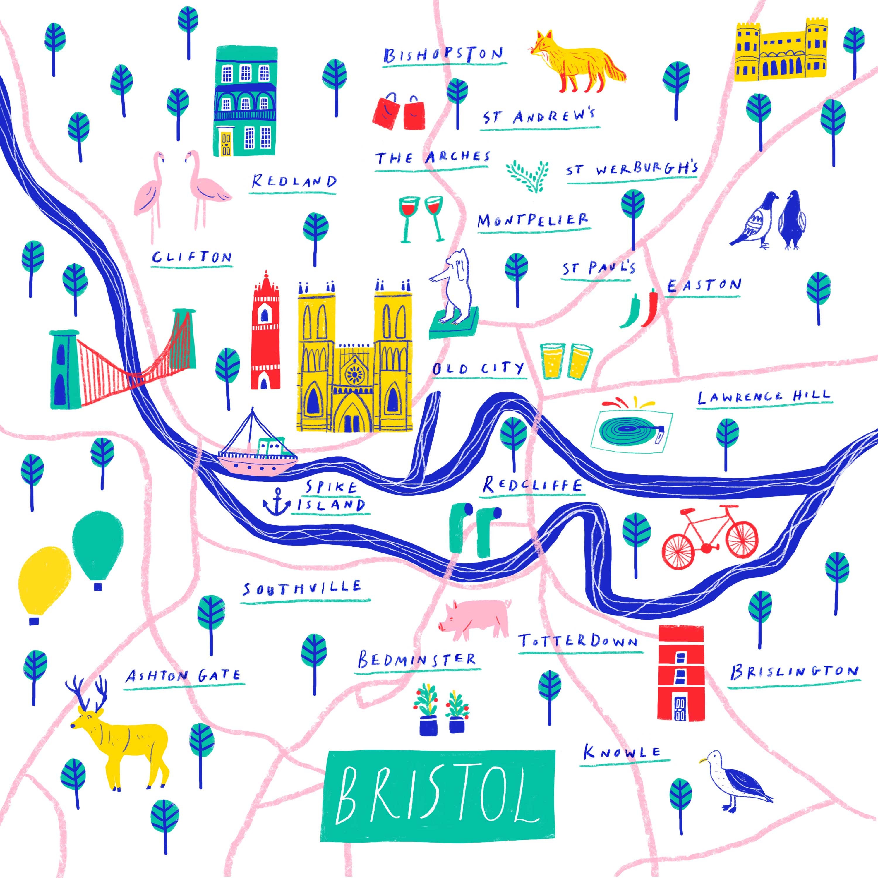 Illustrated Map Of Bristol 21x21cm Etsy