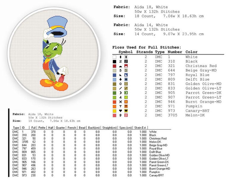Jiminy Cricket cross stitch pattern. Pinocchio Cross Stitch Etsy