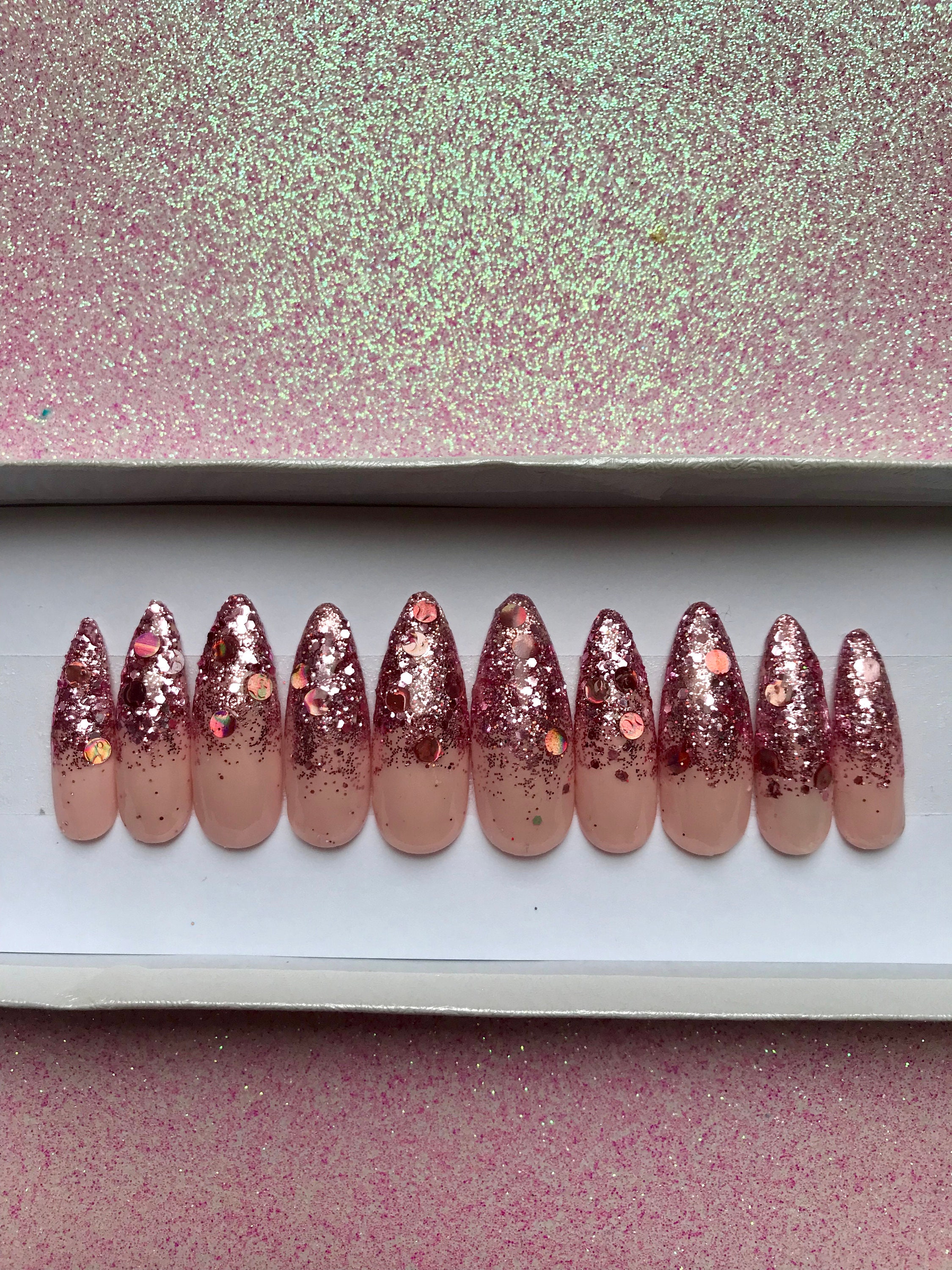 Rose Gold Glitter Fake Nails Rose Gold Press On Nails Pink Etsy