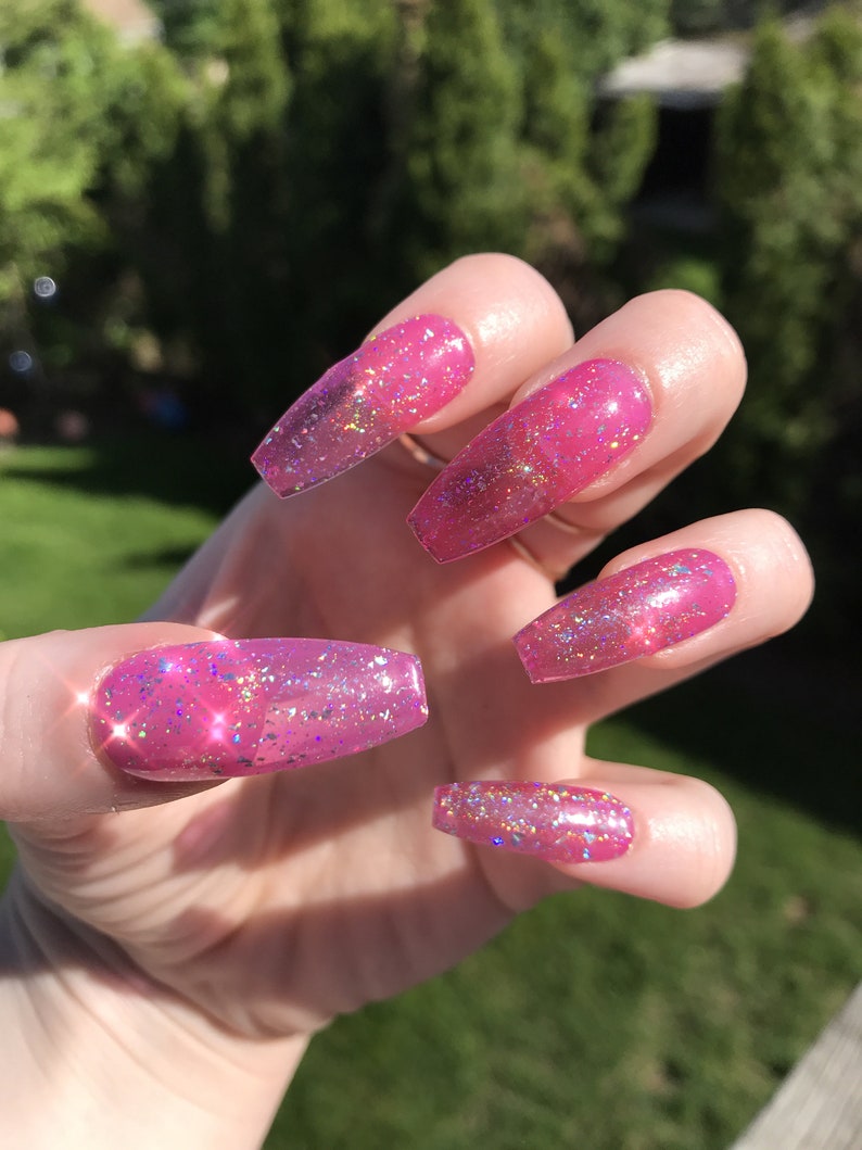 Pink Holographic Jelly Press On Nails Jelly Fake Nails Etsy