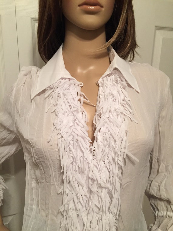 FREE SHIPPING - Sheer White Blouse, White Fringe B