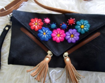 Leather Embroidered Flower Purse & Clutch Black