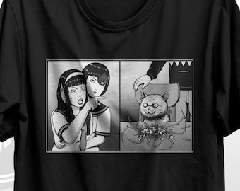 Scary Schoolgirl Pointing at a Freaky Cat - Horror Manga, Anime Meme, Dark Anime, Creepy Cat, Horror Cat, Funny Horror, Goth Unisex T-shirt